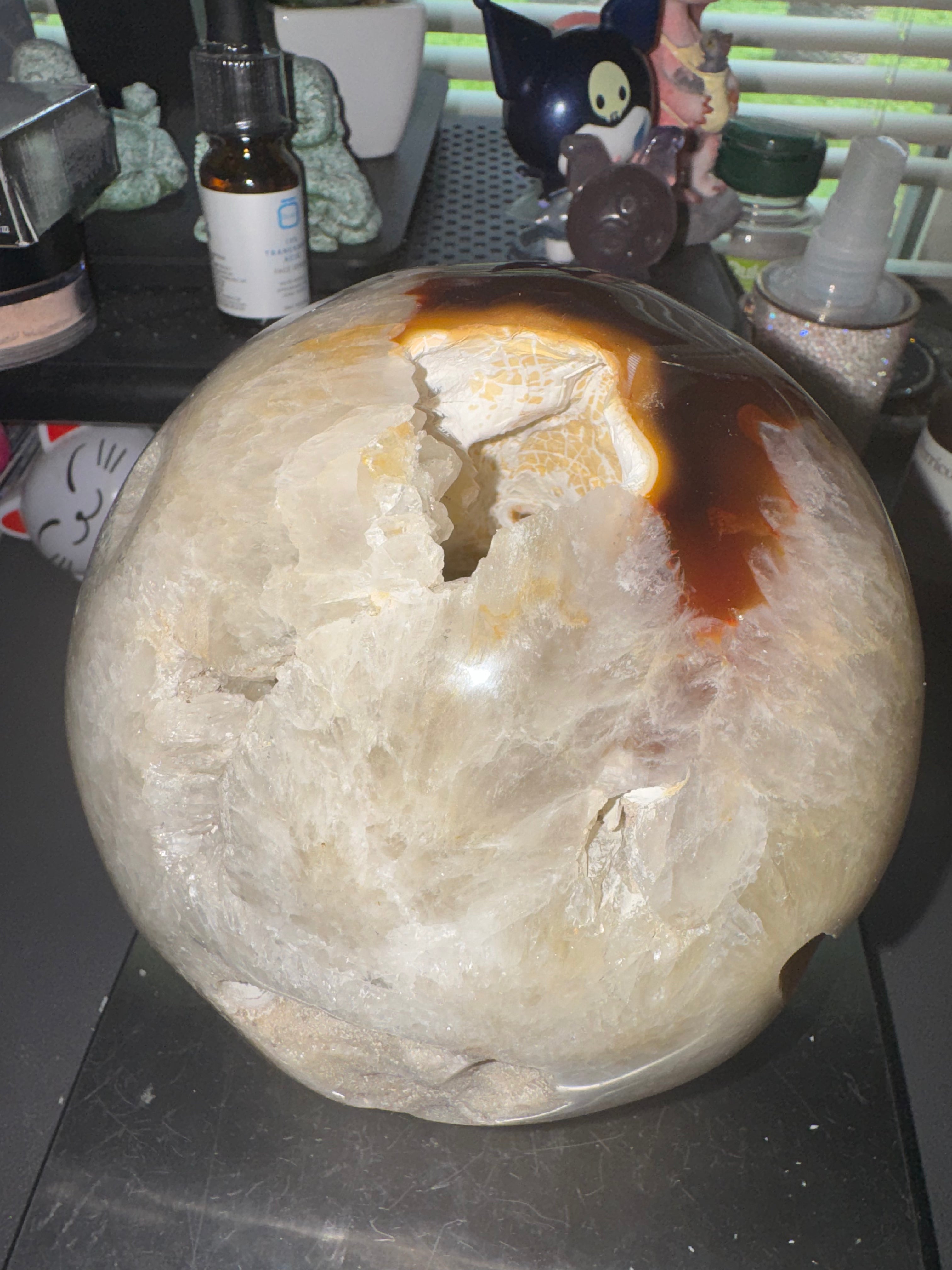 Large 7 lb 7 oz Agate & Carnelian Sphere with Druzy Crystal Cavity