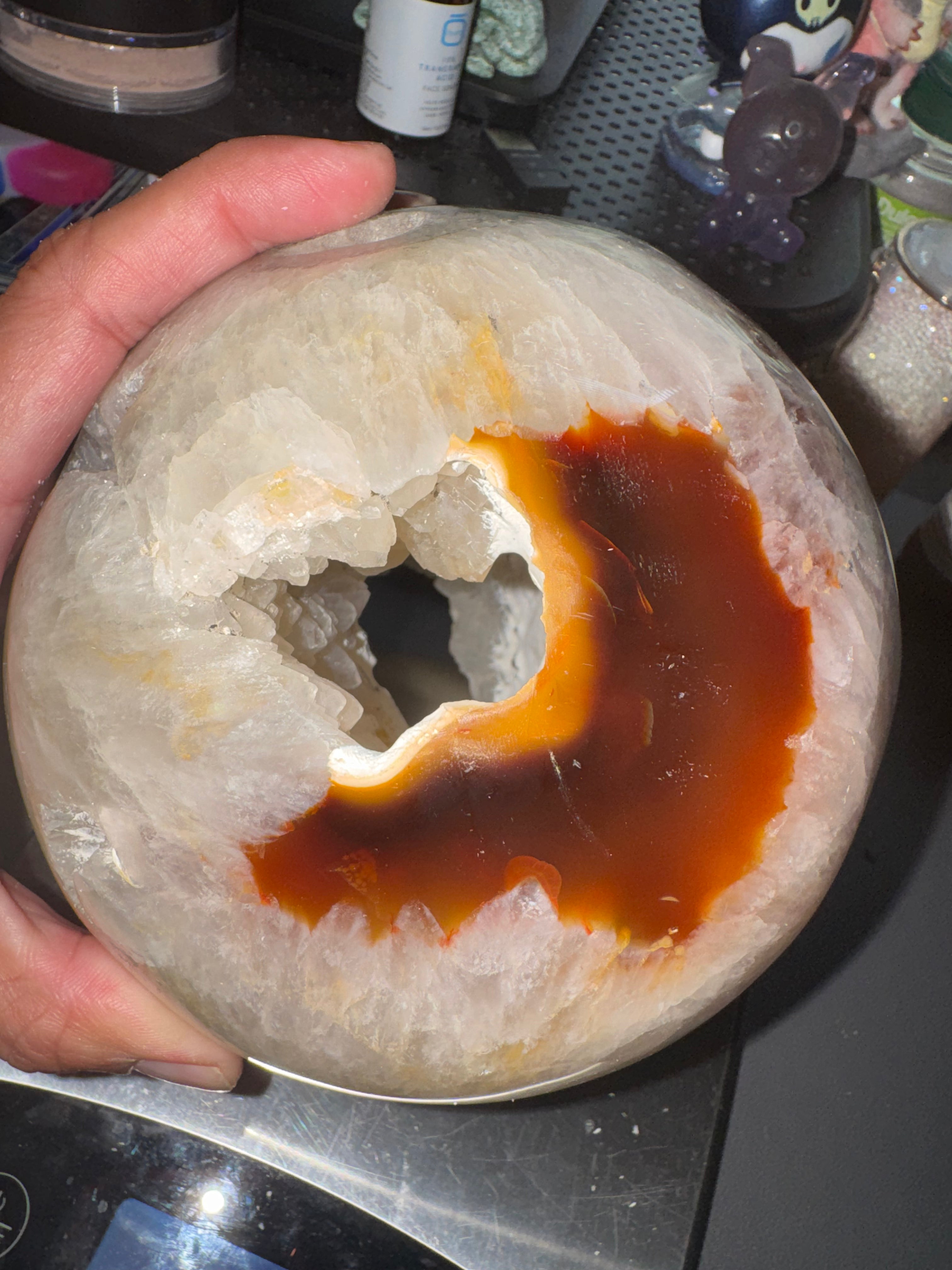 Large 7 lb 7 oz Agate & Carnelian Sphere with Druzy Crystal Cavity
